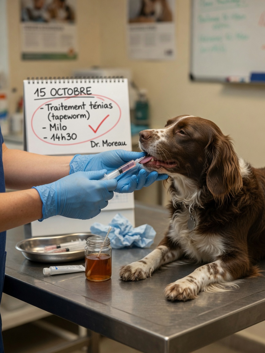 Veterinarian administering tapeworm treatment to a brown and white dog during pre-travel appointment