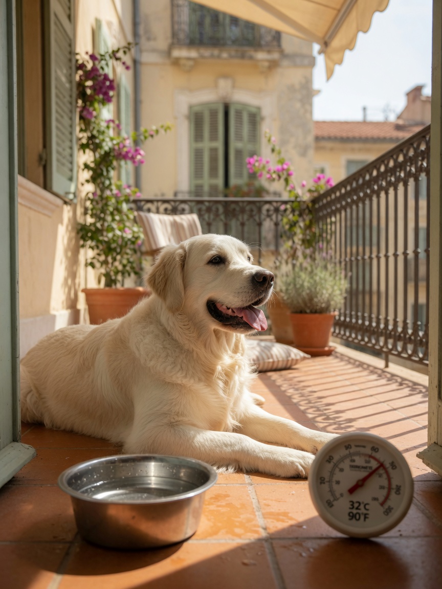 Golden Retriever acclimatizing to warm Mediterranean climate on a shaded balcony with fresh water bowl