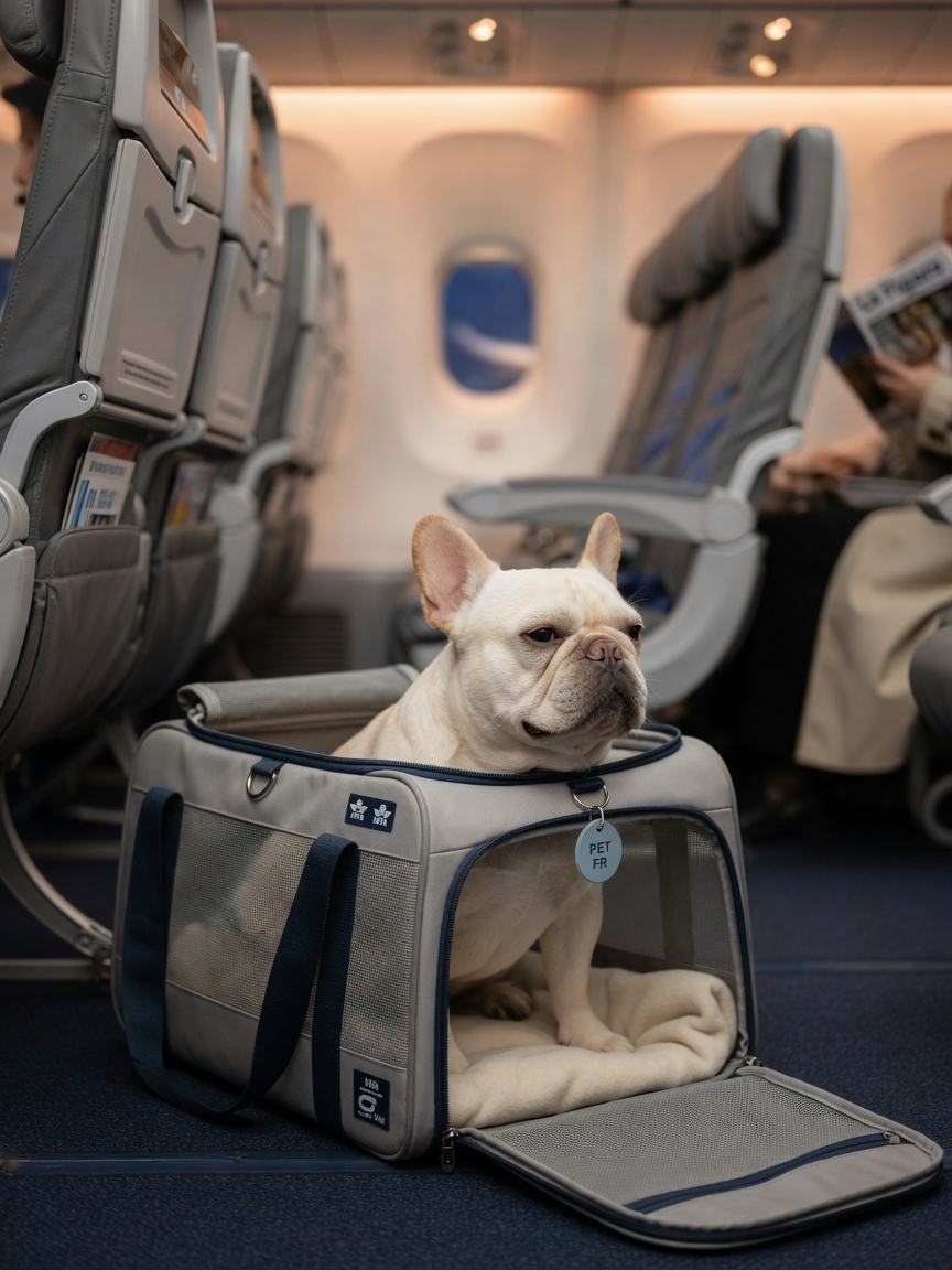 French Bulldog in airline-approved carrier positioned under airplane seat for cabin travel