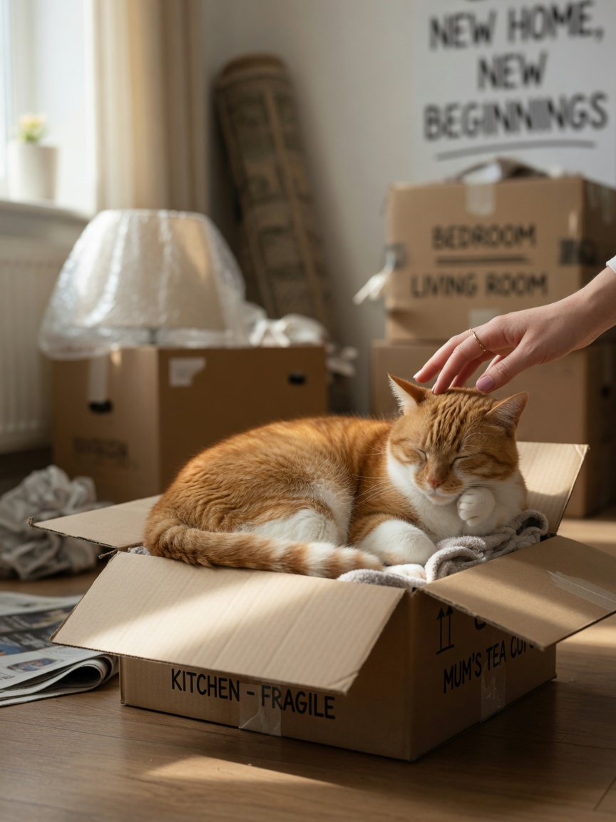 Calm ginger and white cat peacefully resting inside an open cardboard moving box, acclimated to relocation preparation