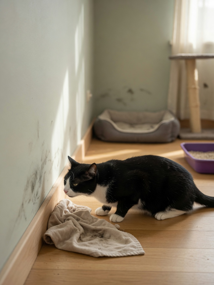 Black and white cat exploring new bedroom by sniffing skirting boards during first days after moving house