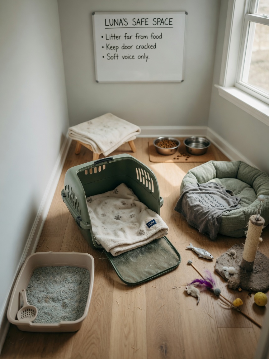 Durchdacht eingerichtetes Basiszimmer mit Katzentoilette, Futter- und Wassernäpfen, Katzenbett, Transportbox und Kratzbaumnebeneinander in separaten Bereichen