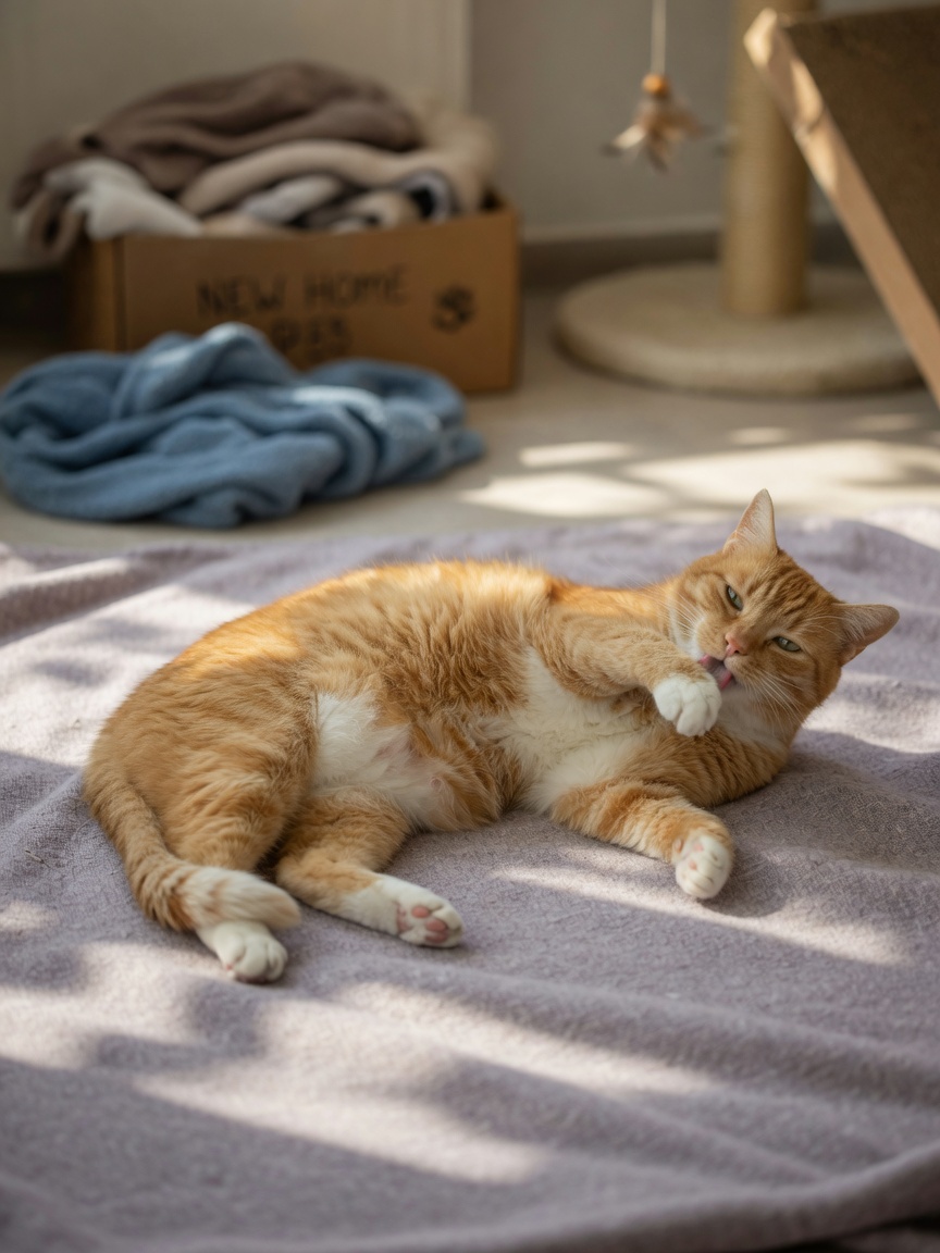 Entspannte rot-weiße Katze, die sich in geflecktem natürlichem Licht ausstreckt und putzt und entspannte Körperhaltung zeigt