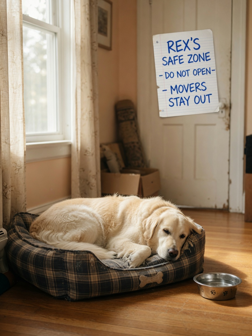 Golden retriever resting on familiar bed in a quiet, confined room during moving day