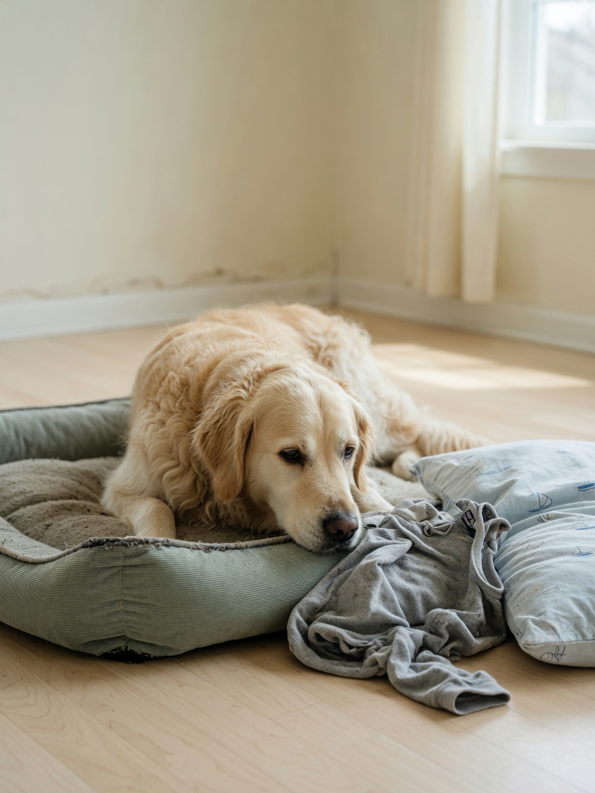 Golden retriever sniffing its familiar bedding and owner's worn clothing in a new home