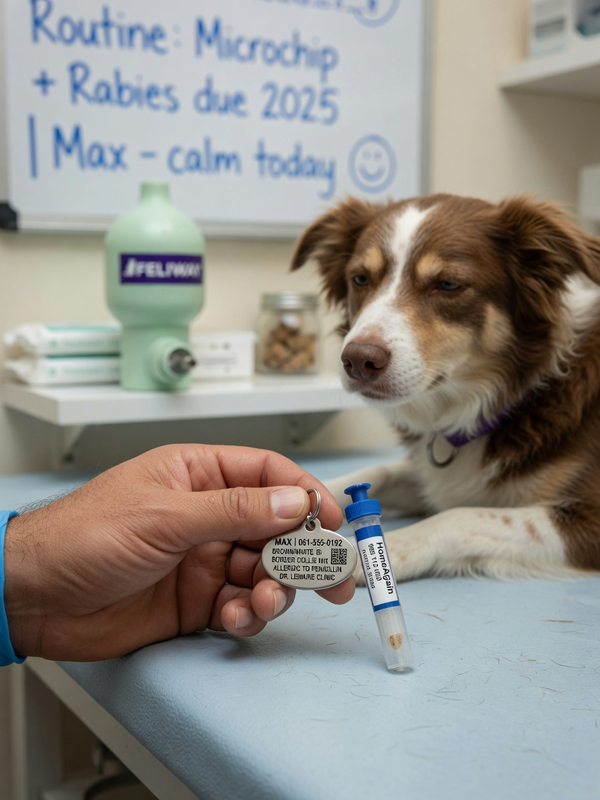 Veterinarian holding pet microchip and ID tag during pre-move check