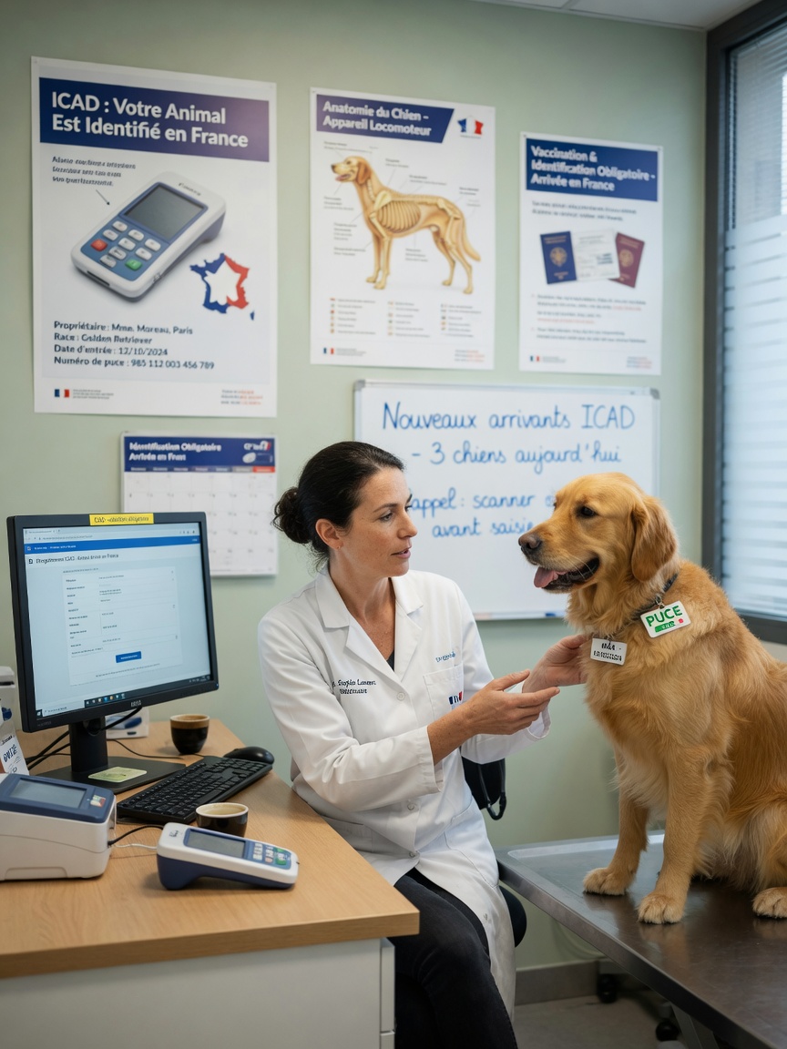 French veterinarian registering golden dog in ICAD system at clinic computer with microchip reader device visible