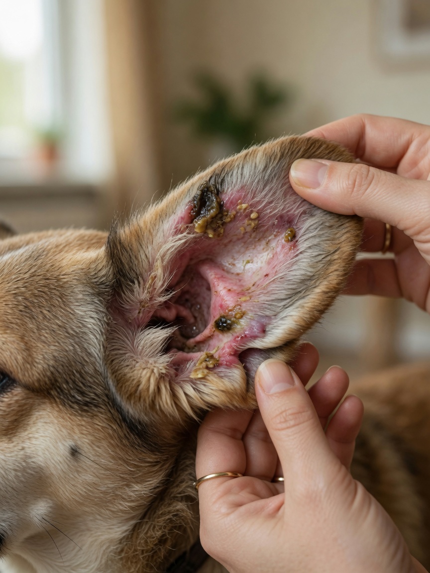 Close-up of a dog's inflamed ear showing signs of bacterial otitis externa infection
