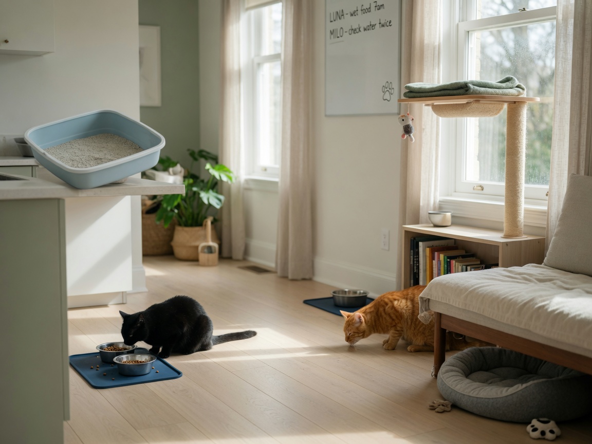 Multi-room view showing proper resource distribution in a multi-cat household with separated feeding stations, litter tray, elevated perches, and hiding spots.
