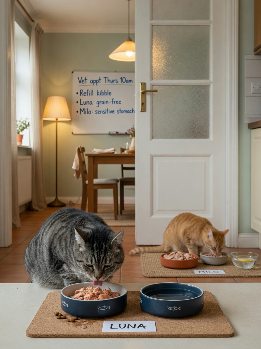 Two cats eating meals in separate rooms with visual barrier between them, preventing feeding tension and competition in a multi-cat household.