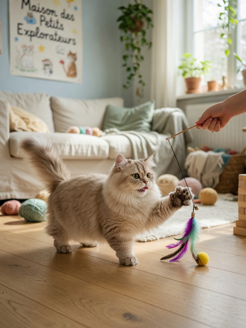 A playful Munchkin cat with short legs reaching for a toy in a bright living room, demonstrating the breed's friendly and energetic temperament with a child nearby.