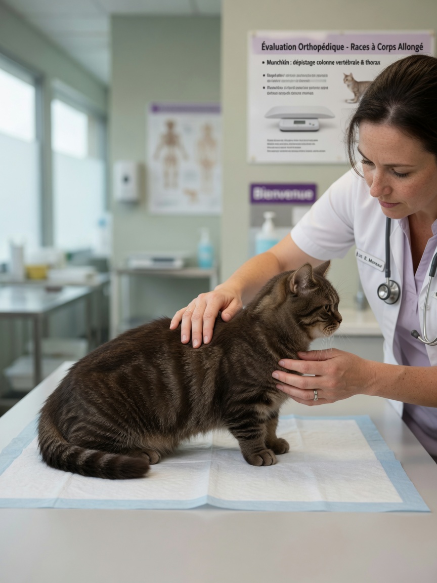 A veterinarian examining a Munchkin cat's spine and chest on an examination table, assessing the breed's skeletal health and conformation.