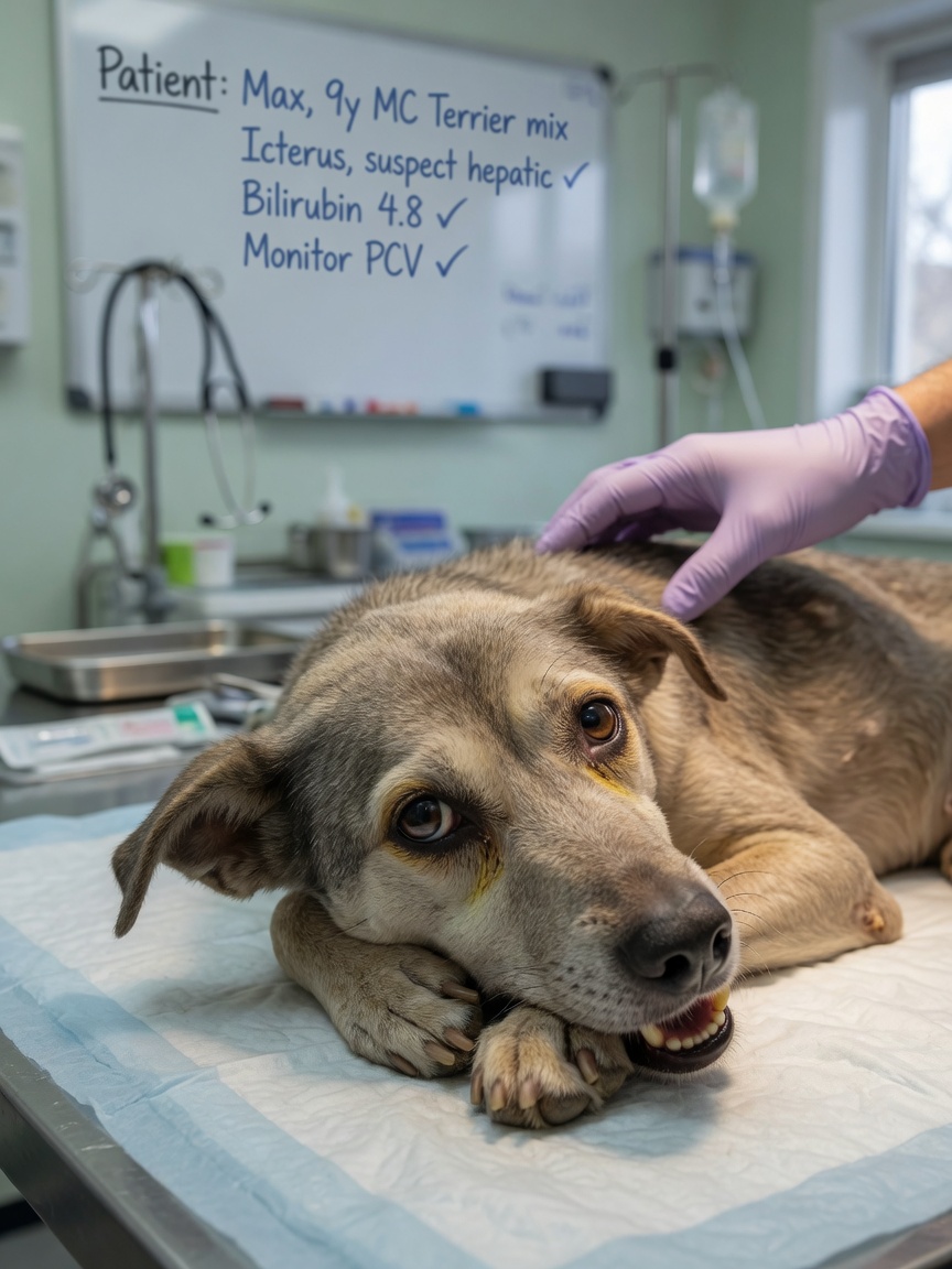 A sick dog showing jaundiced symptoms at a veterinary clinic during examination
