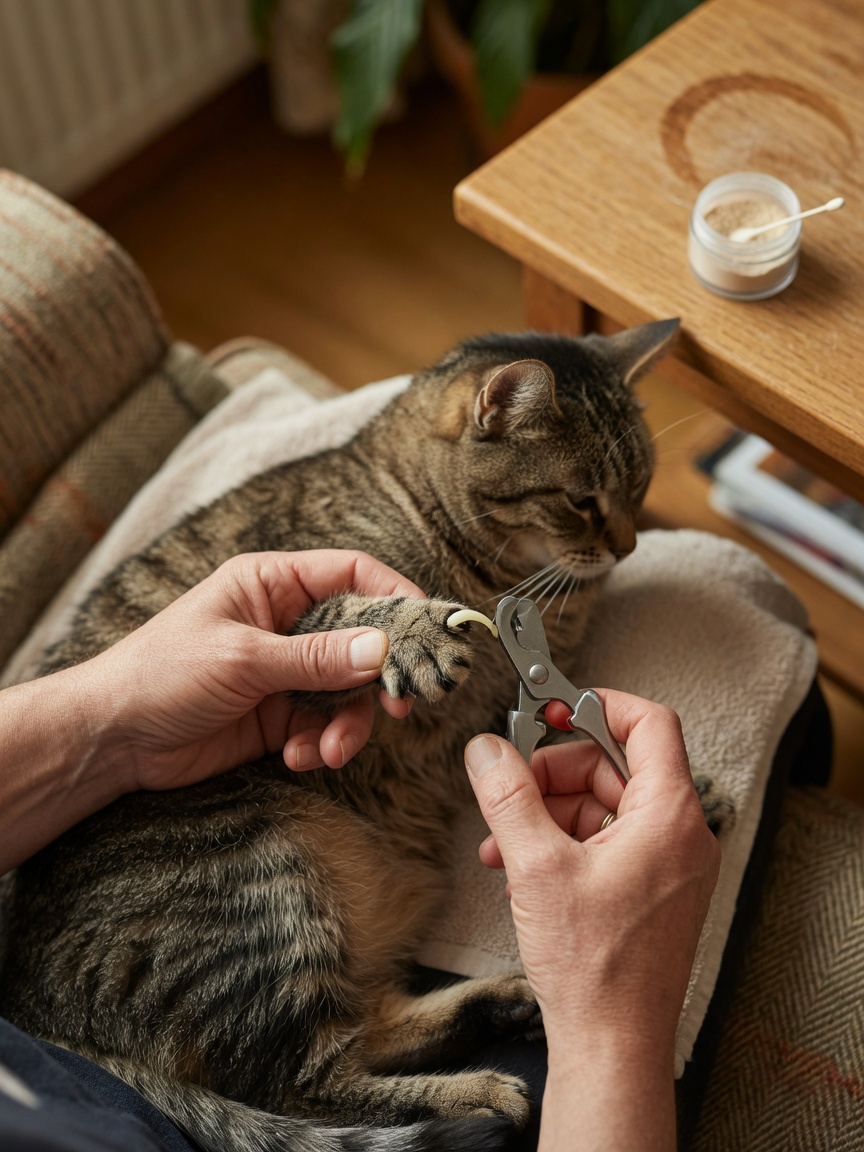 Cat owner carefully extending senior cat's claw with nail clippers and styptic powder nearby during home nail trimming