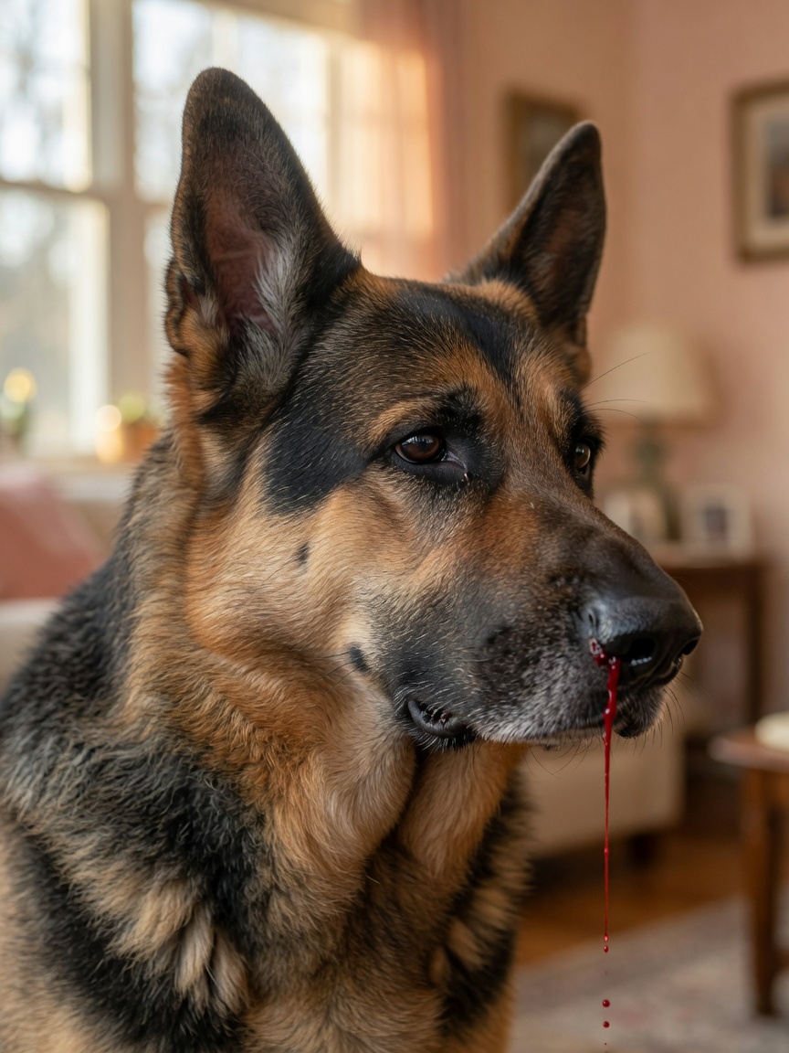 Older German Shepherd showing facial swelling and unilateral nasal discharge consistent with nasal tumour progression