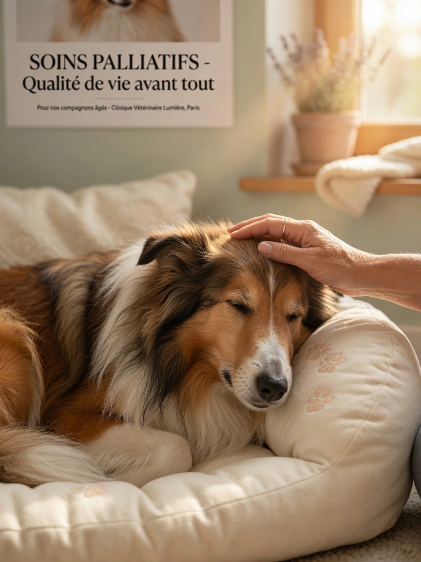 Elderly Collie resting peacefully on soft bedding with owner's comforting hand, representing palliative care and quality of life focus