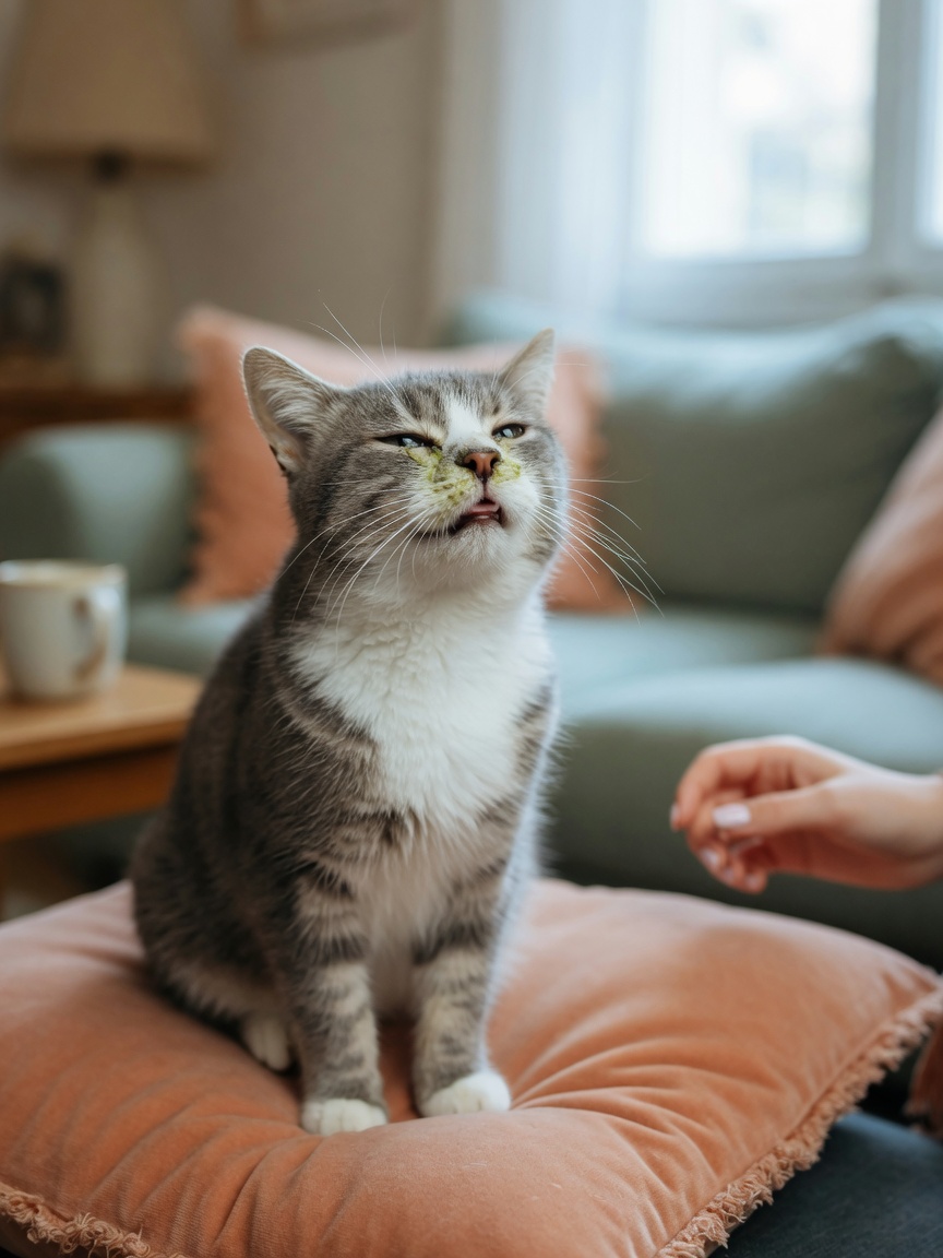 Young cat displaying symptoms of nasopharyngeal obstruction with mouth open and laboured breathing in home setting