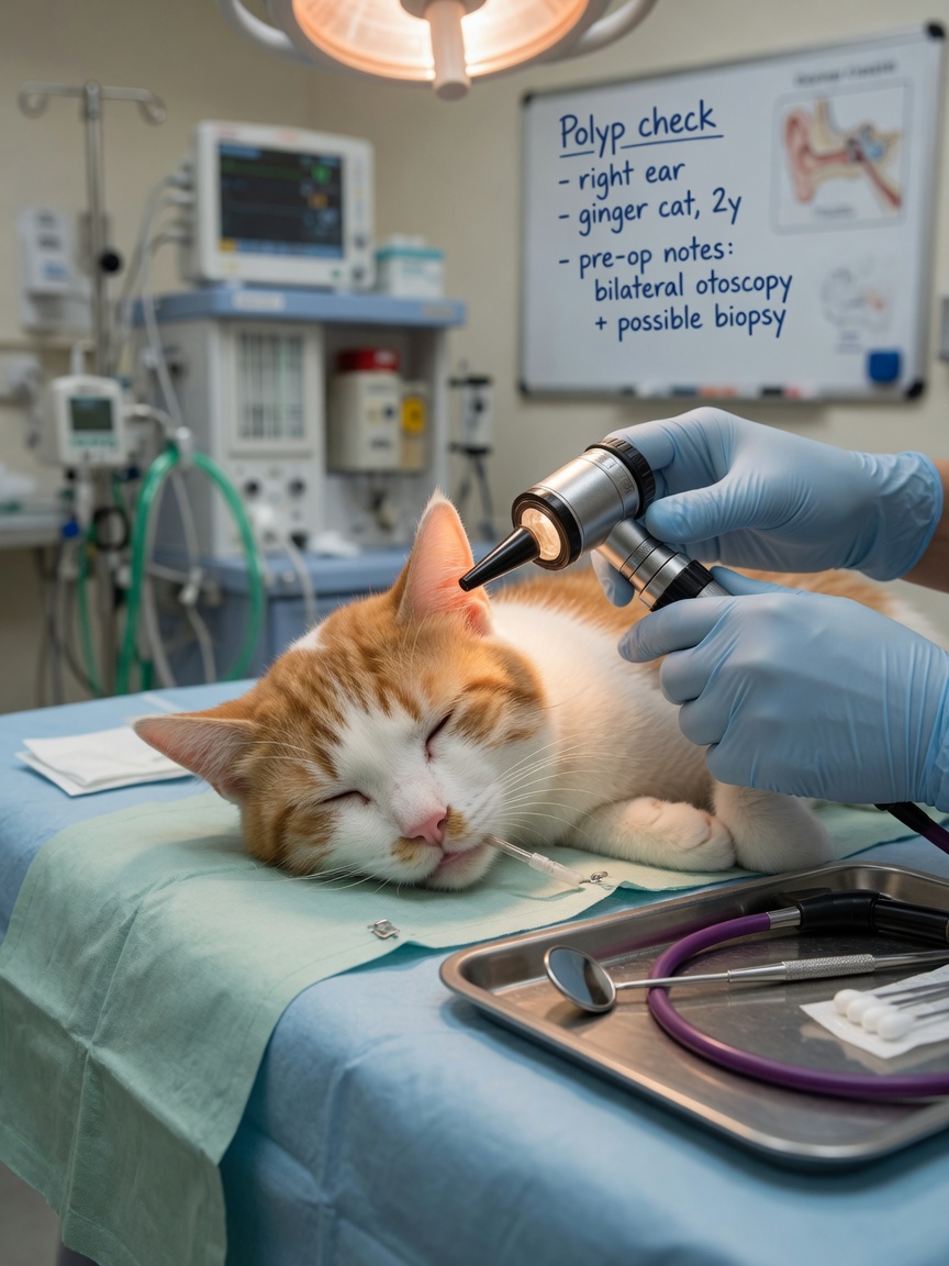 Veterinarian performing otoscopic examination on sedated cat to diagnose nasopharyngeal polyps with diagnostic instruments visible