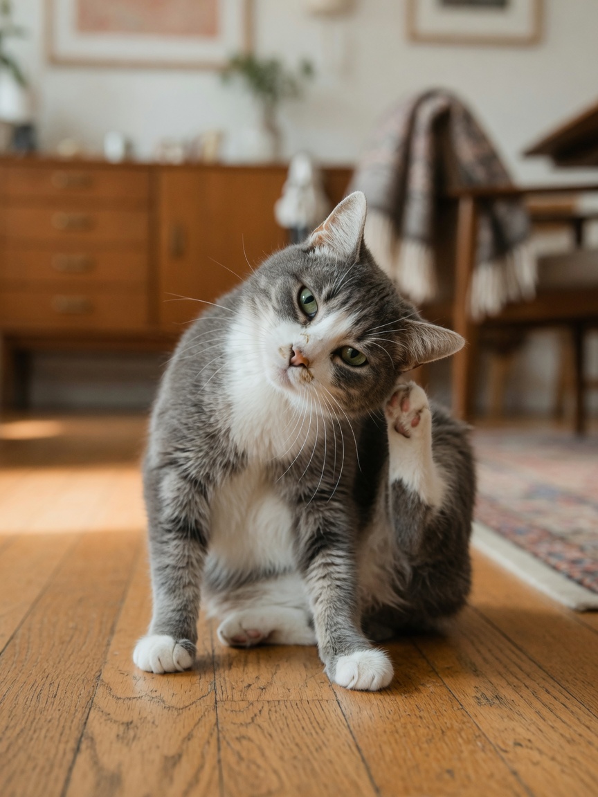 Young cat displaying symptoms of nasopharyngeal polyps including head tilt and ear scratching