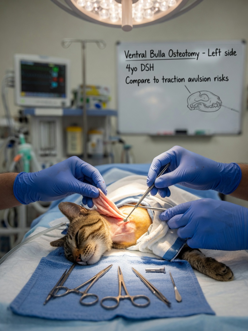 Surgical team performing nasopharyngeal polyp removal surgery on an anesthetized cat