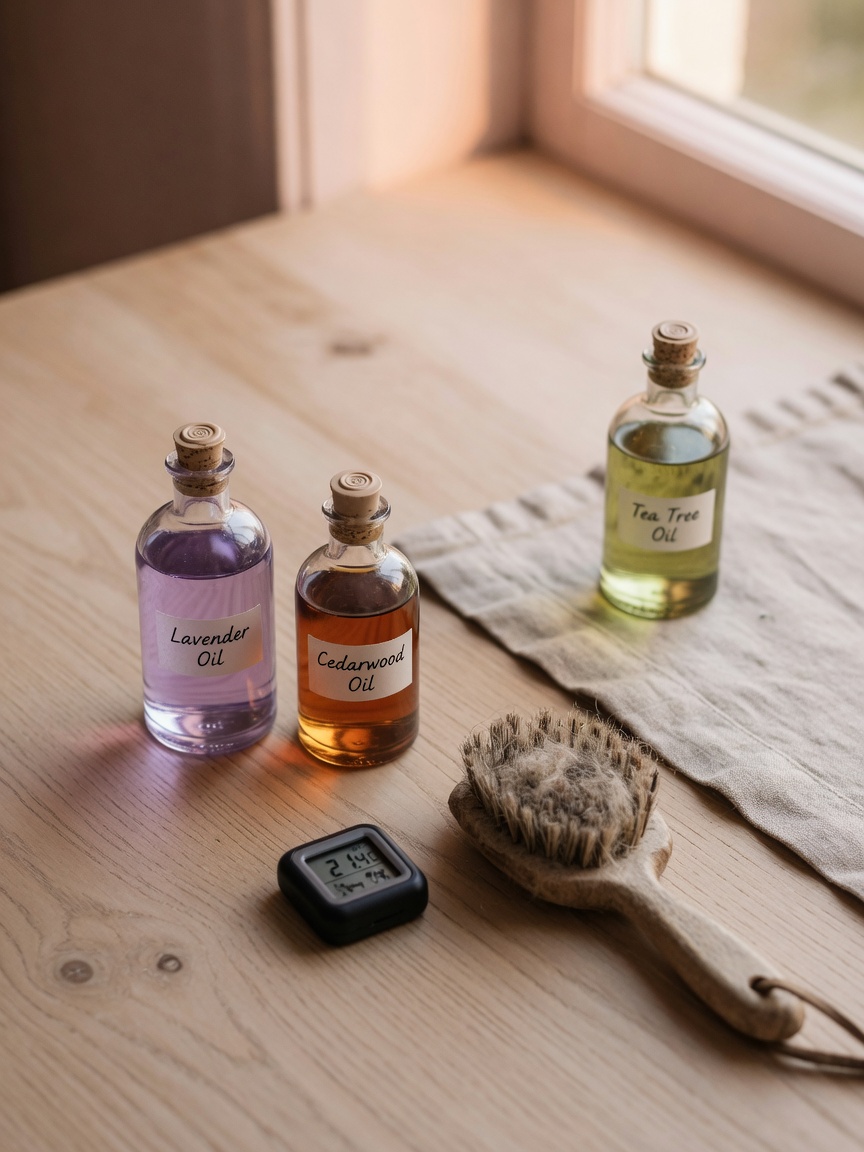 Flat lay of essential oil bottles showing safe lavender and cedarwood oils separated from dangerous tea tree oil
