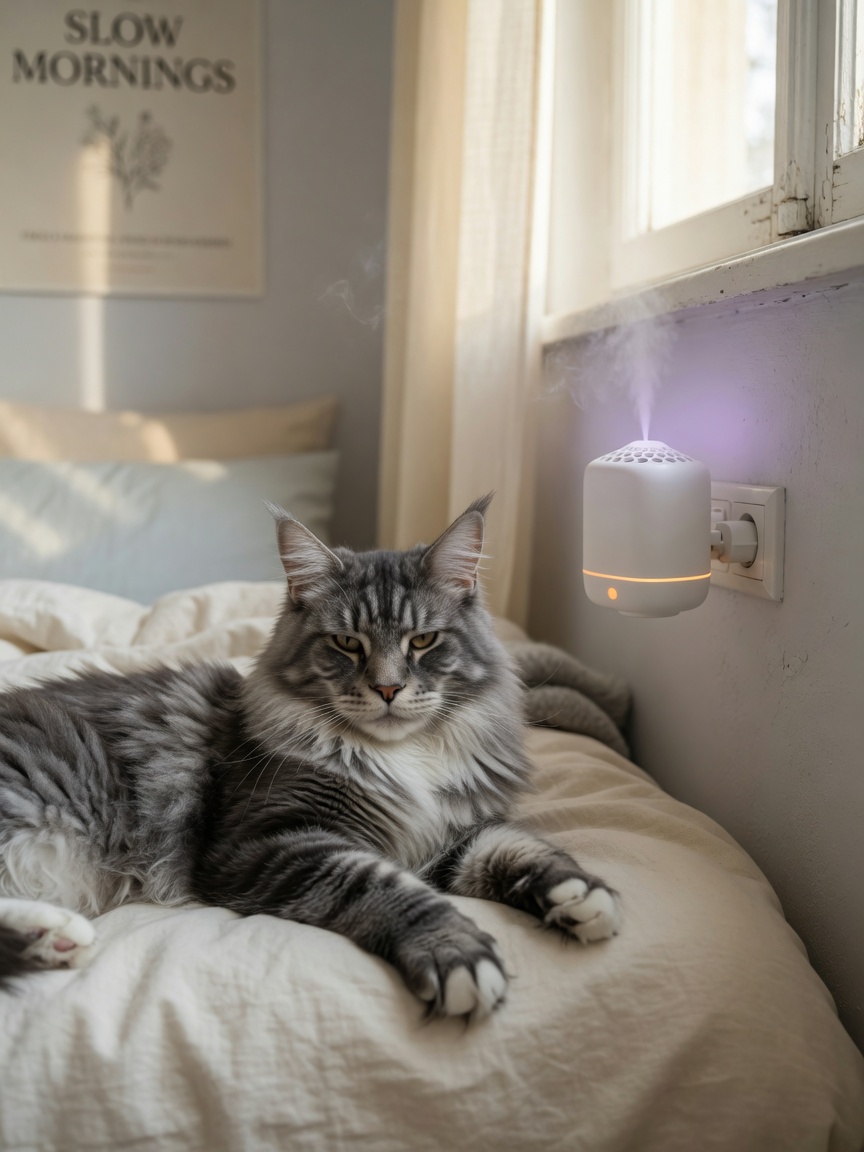 A Feliway diffuser on a bedroom wall with a relaxed cat resting nearby