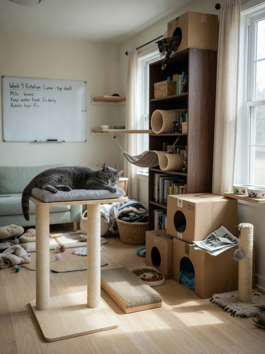 A well-designed cat environment with elevated perches, hiding spots, and multiple enrichment resources