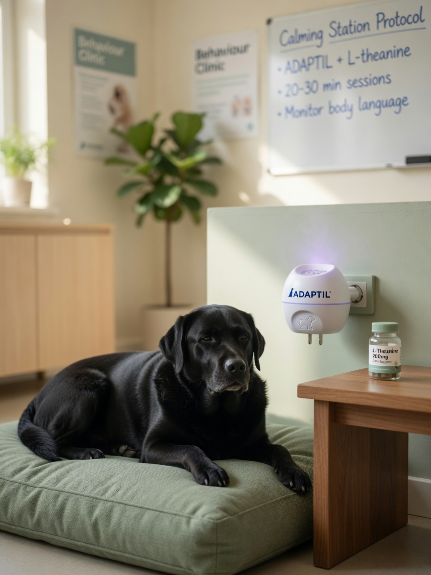 ADAPTIL diffuser and calming supplements creating a peaceful environment for an anxious dog