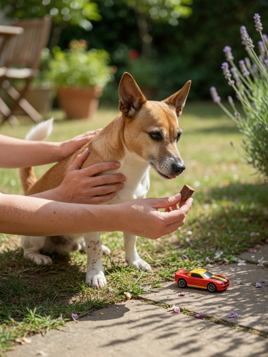 Owner rewarding a dog during desensitisation training exercise for anxiety management
