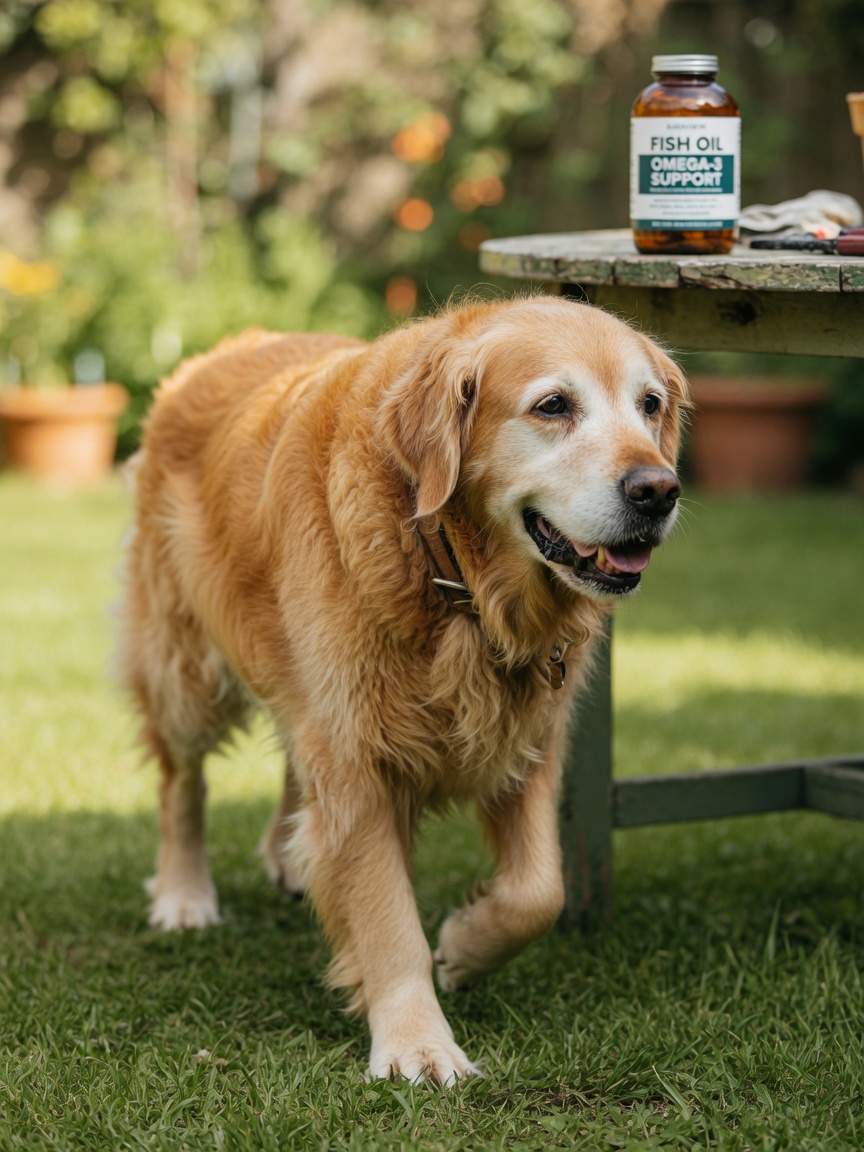 Senior Golden Retriever moving comfortably, demonstrating improved mobility from fish oil supplementation