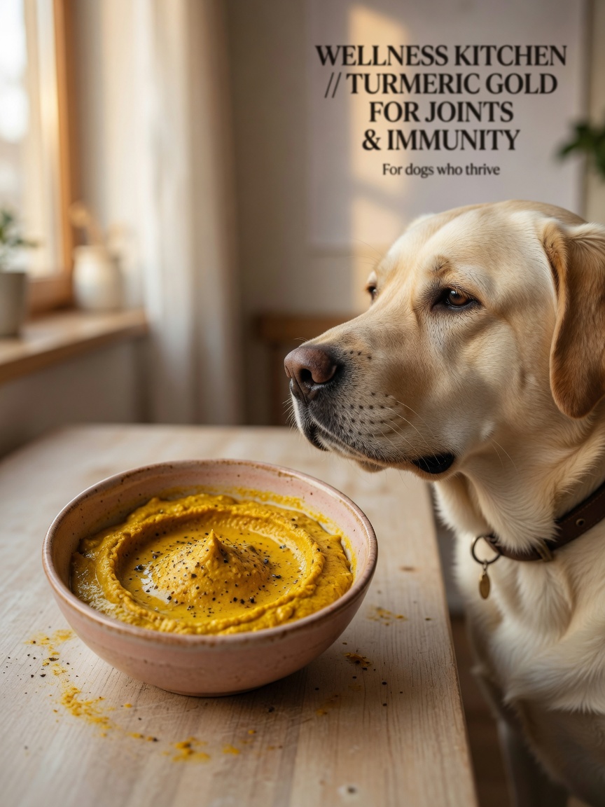 Golden turmeric paste remedy in a bowl beside a calm dog showing natural anti-inflammatory supplement preparation