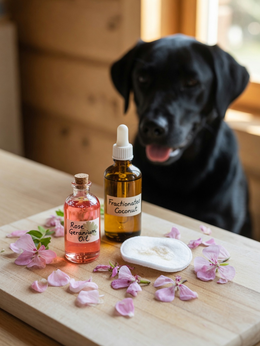 Bottiglia di olio di geranio rosa con petali di geranio freschi e un cane sullo sfondo
