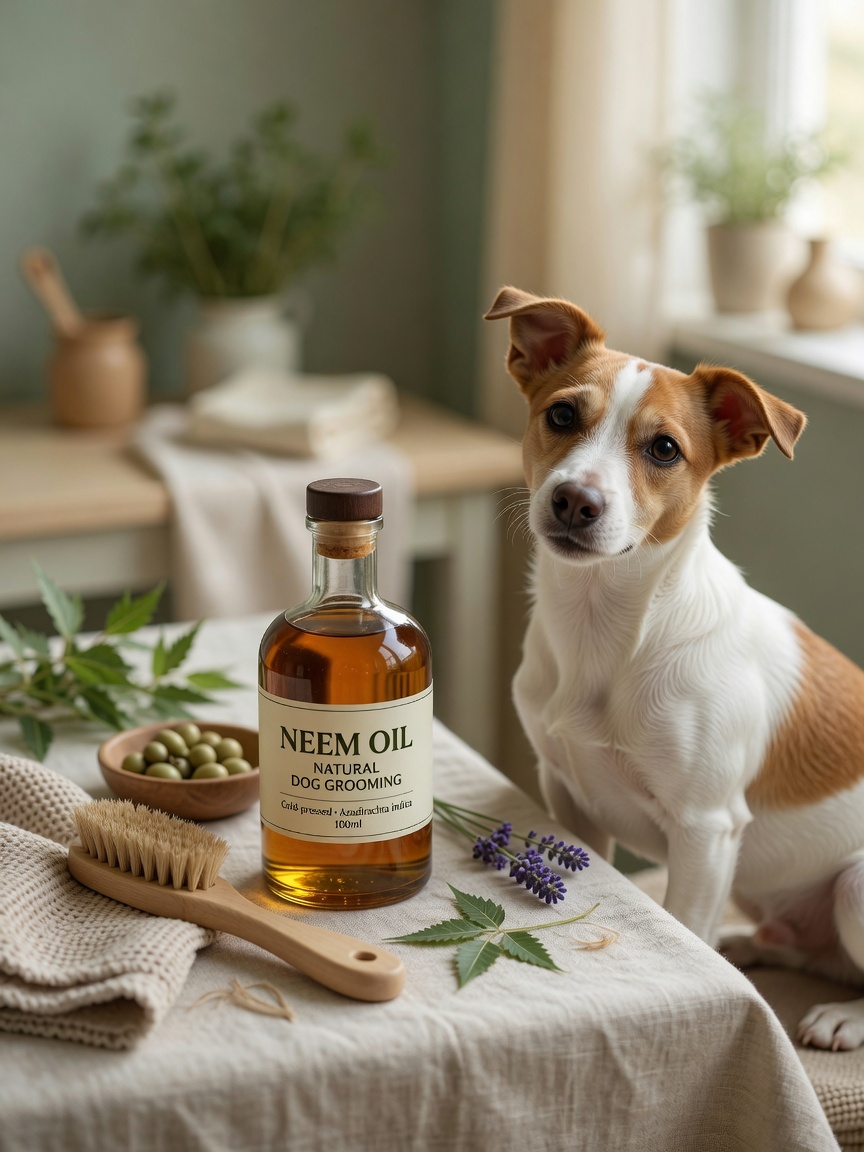 Bottiglia di olio di neem con un Jack Russell Terrier e articoli per la toelettatura nelle vicinanze