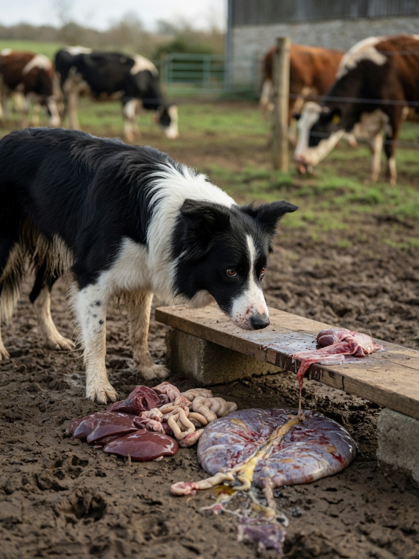 Working Border Collie in farmyard near cattle and raw bovine material showing transmission risk