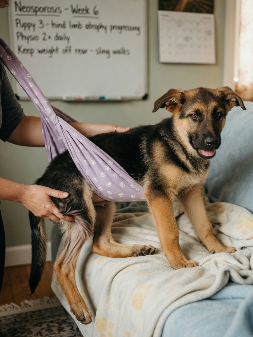 German Shepherd puppy with hind limb weakness and muscle wasting from neosporosis