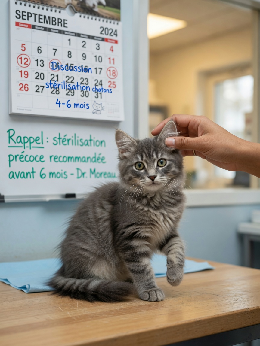 Young kitten being examined by a veterinarian to assess readiness for neutering