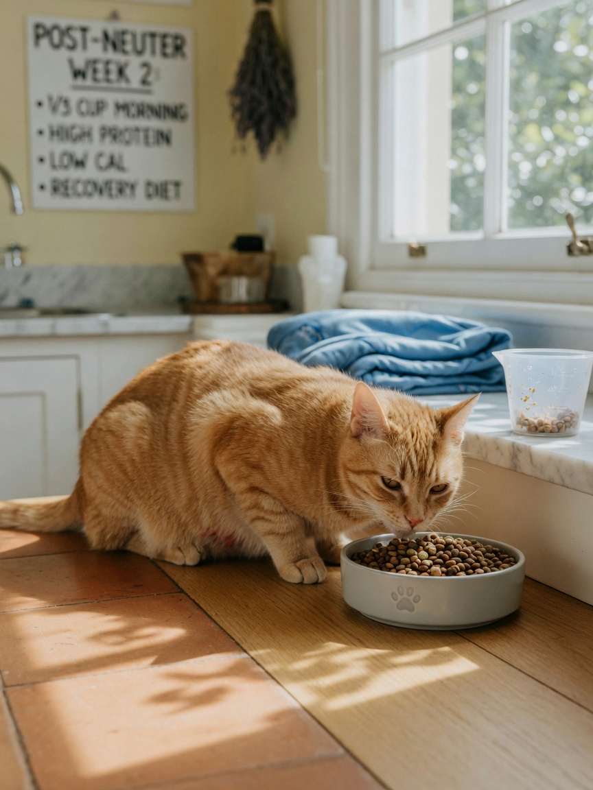 Neutered cat eating portion-controlled post-operative diet food near a sunny window