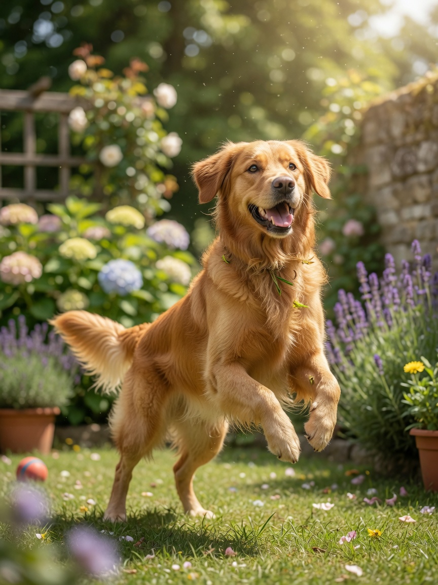 A healthy, energetic adult dog enjoying playtime outdoors