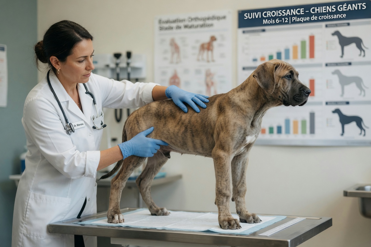 Veterinarian assessing a large breed dog's skeletal development on an examination table