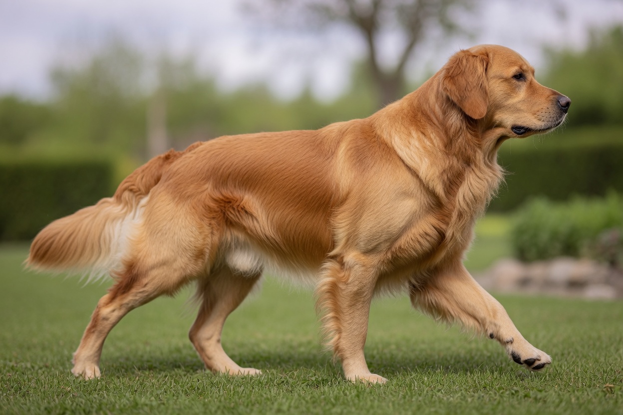 Adult large-breed Golden Retriever standing to show full skeletal development and maturity