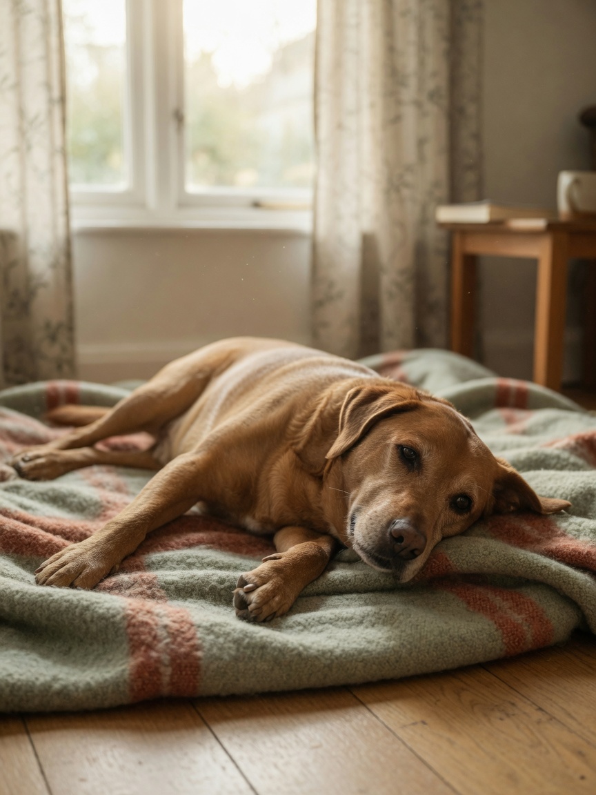 Calm, confident male dog resting peacefully indoors showing positive behavioural state