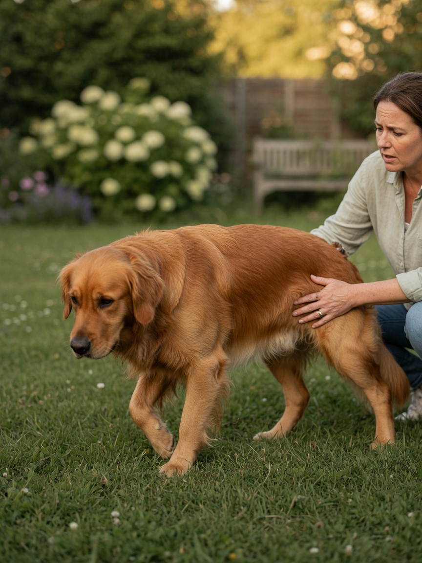 Large breed dog experiencing joint issues, showing signs of orthopedic discomfort after early neutering