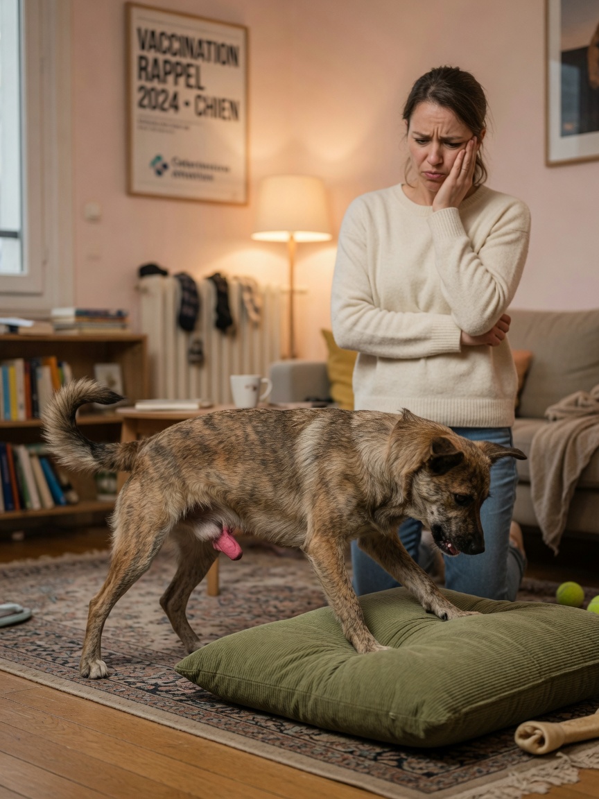 Intact male dog displaying testosterone-driven mounting behavior indoors while owner observes