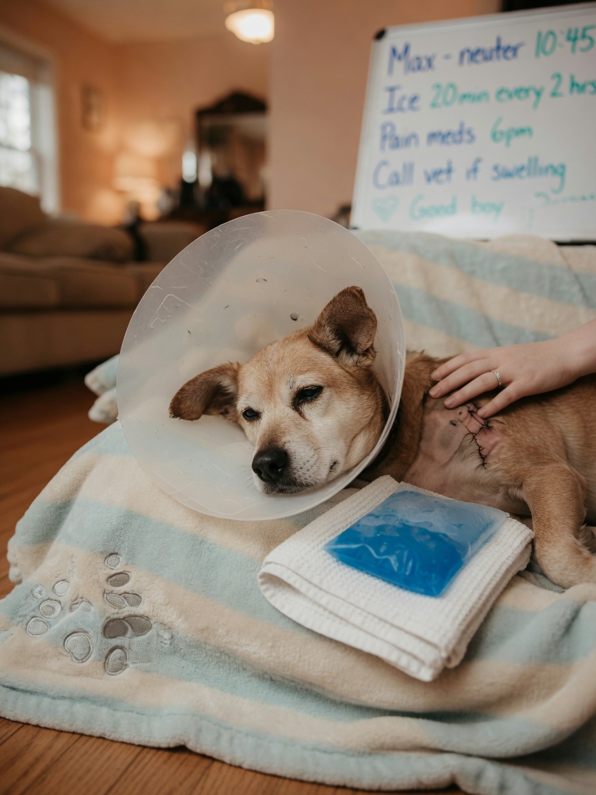 Dog in recovery cone collar resting on blanket after neutering surgery