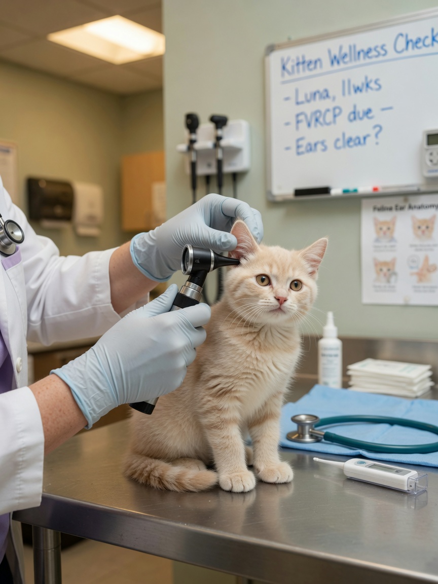 Veterinarian examining kitten's ear during initial health check appointment