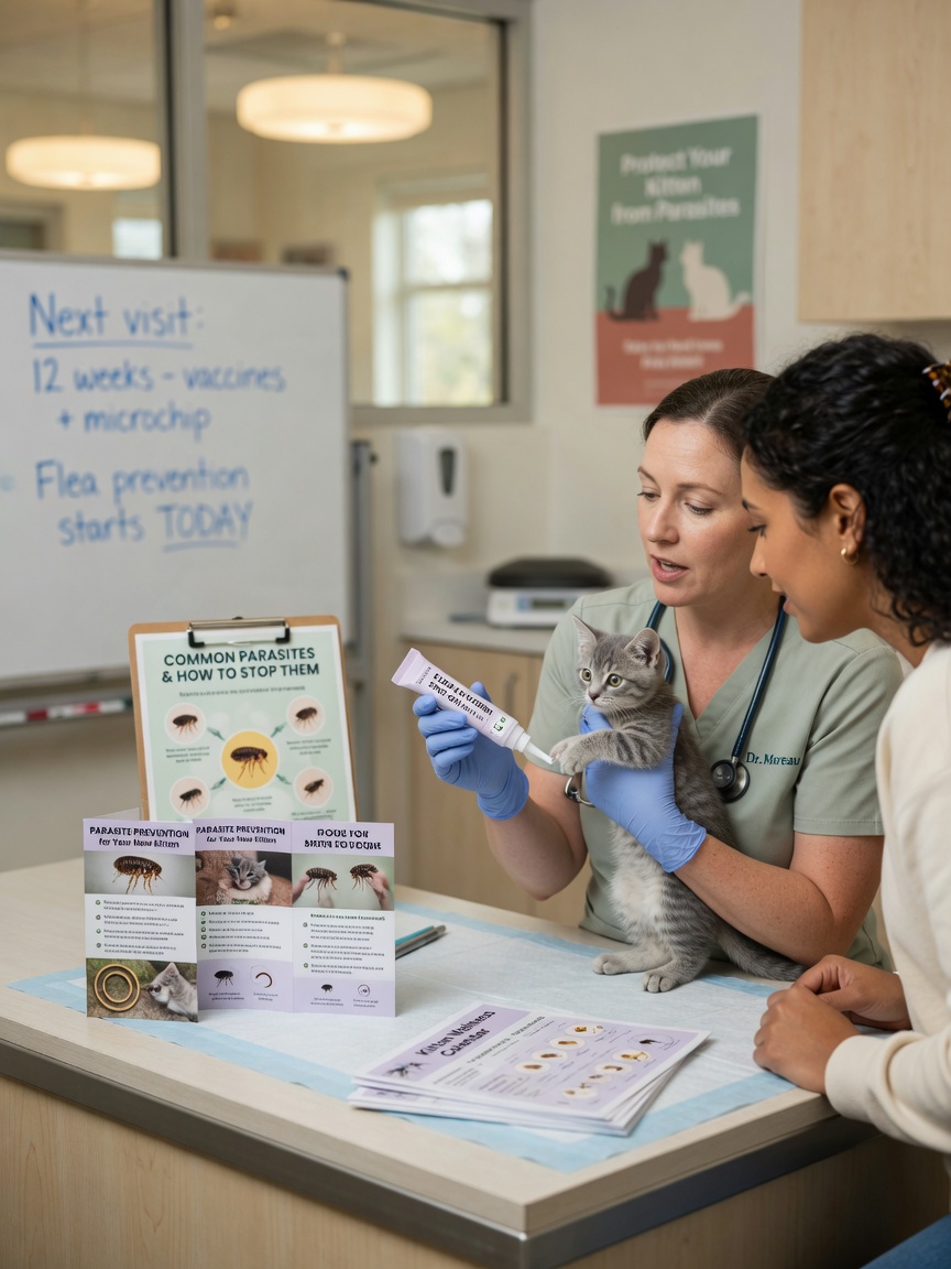 Veterinarian explaining parasite treatment options to kitten owner during consultation