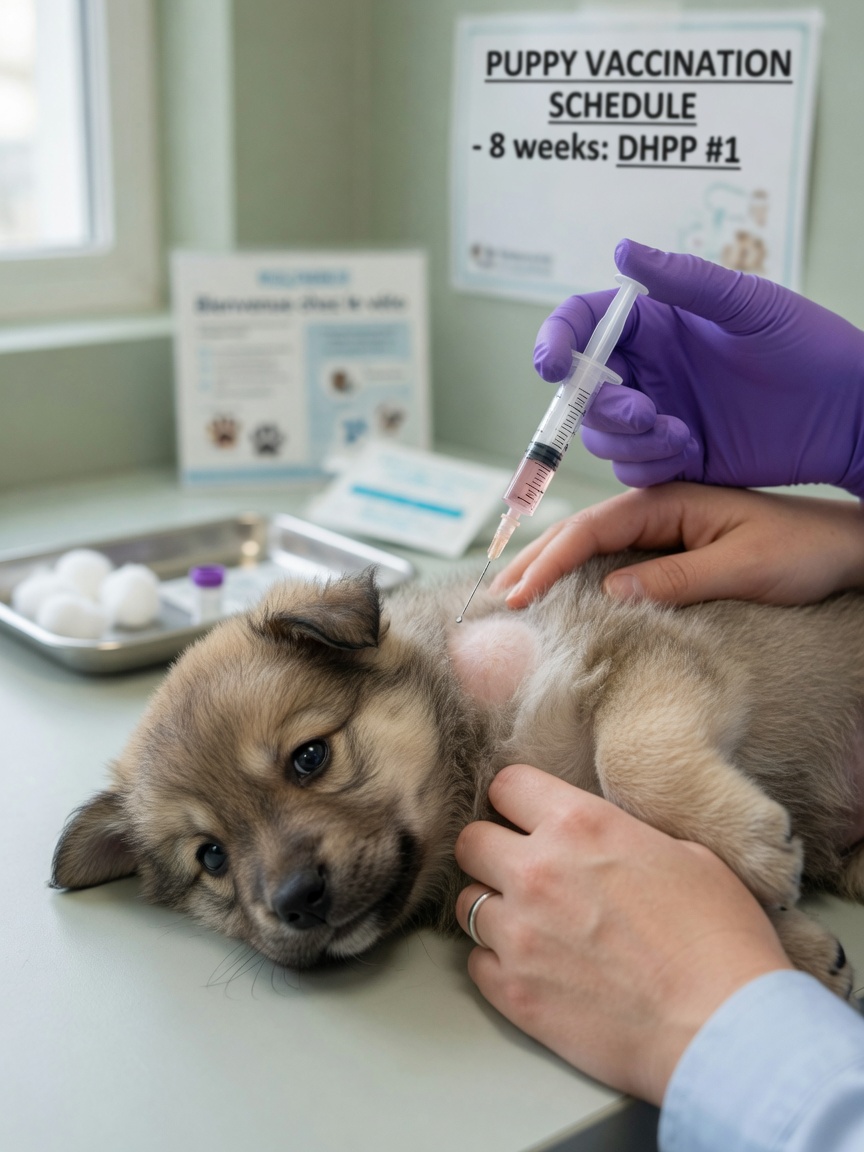 Veterinarian administering first puppy vaccination injection to young dog held by owner