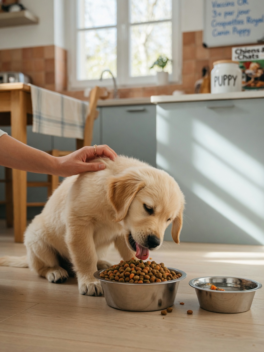 Young puppy eating from food bowl during mealtime with owner supervision in home kitchen