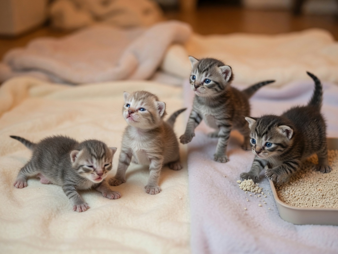 Progression of newborn kittens showing developmental milestones from sealed eyes to walking and litter tray use