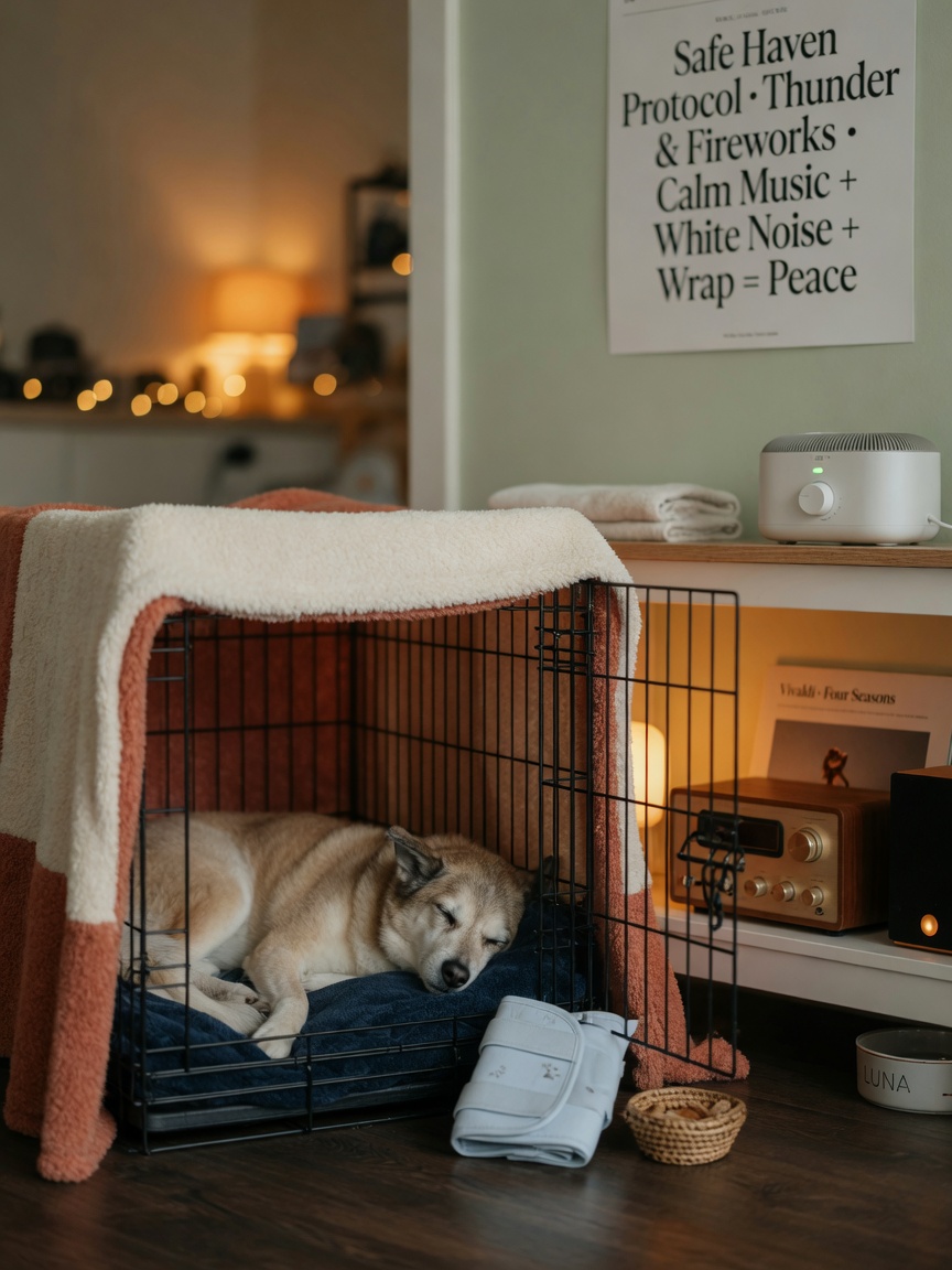 A dog resting in a safe space with blanket covering, speaker nearby for classical music, and anxiety wrap on the floor